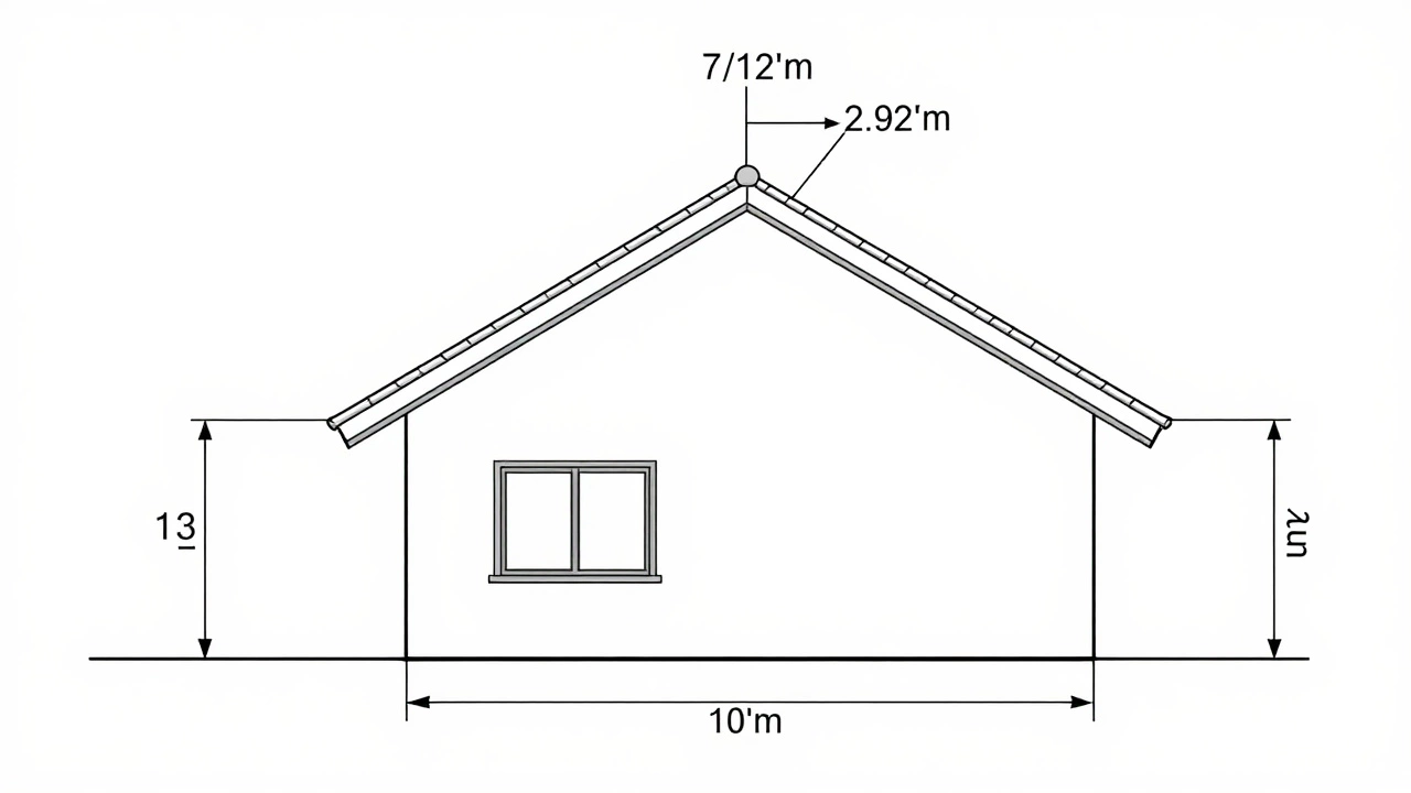 Схема дома шириной 10 метров с расчетом высоты конька 2,92 м при уклоне 7/12.