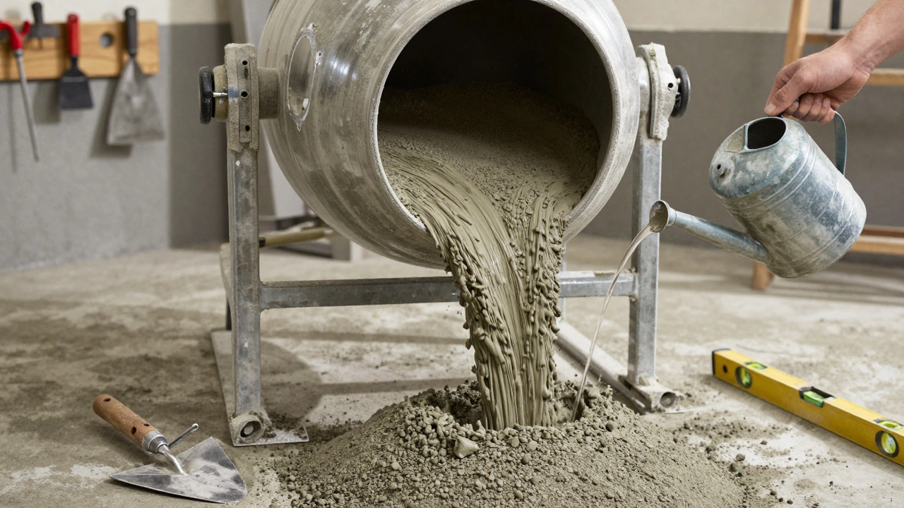 Смешивание бетонной смеси в соотношении 1:3 в бетономешалке