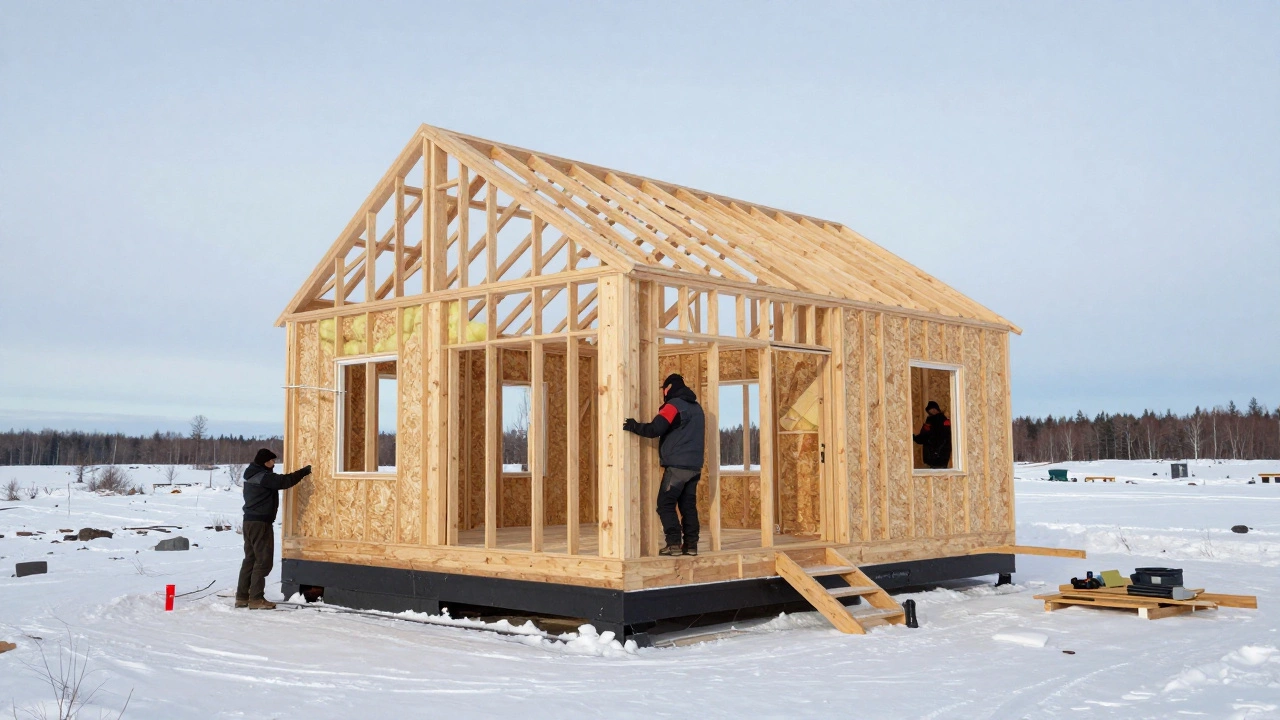 Современный каркасный дом на этапе сборки, с утеплителем и панелями, на фоне снежного ландшафта.