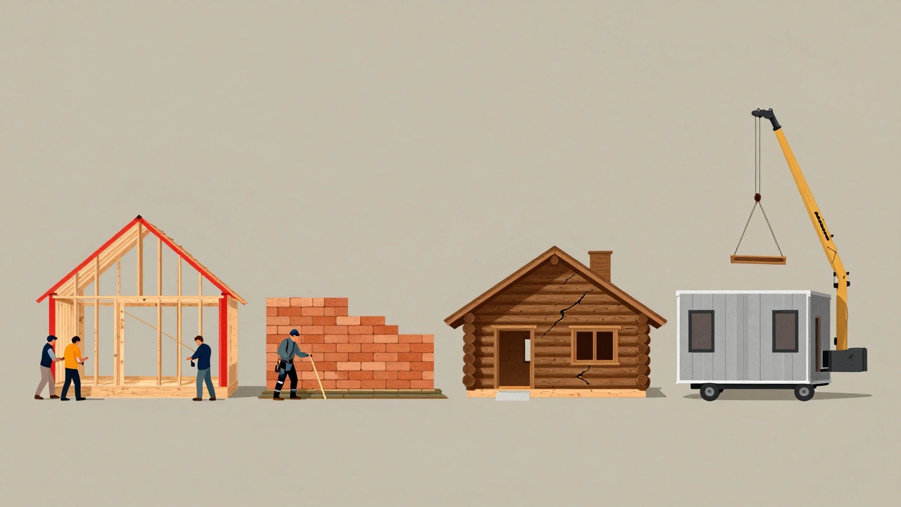 Сравнение четырёх типов домов: каркасный, пеноблок, сруб и модульный — каркасный выделен ярким цветом.