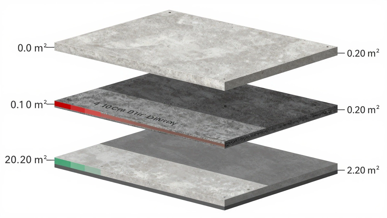 Сравнение толщины бетонных слоев: стяжка, дорожка и фундамент на одной площади 1 м².