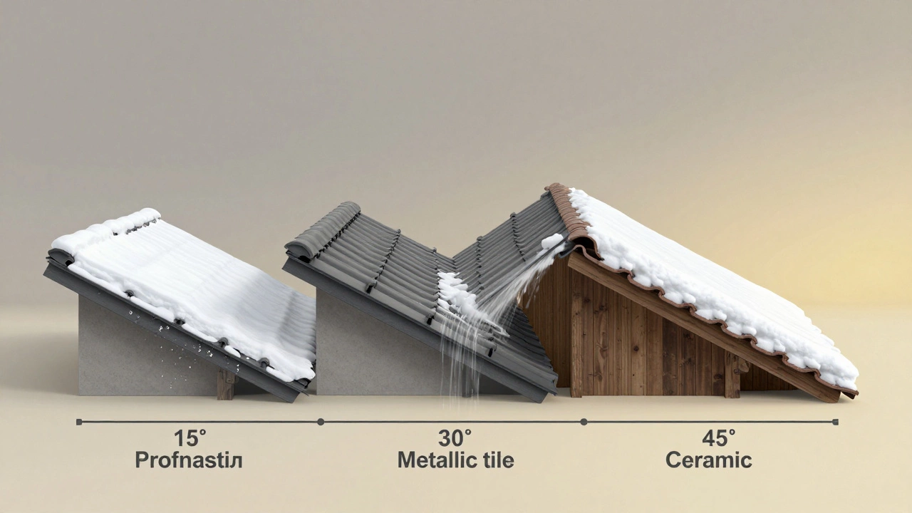 Сравнение трех углов наклона крыши: 15°, 30° и 45°, визуальное представление стока воды и снега.