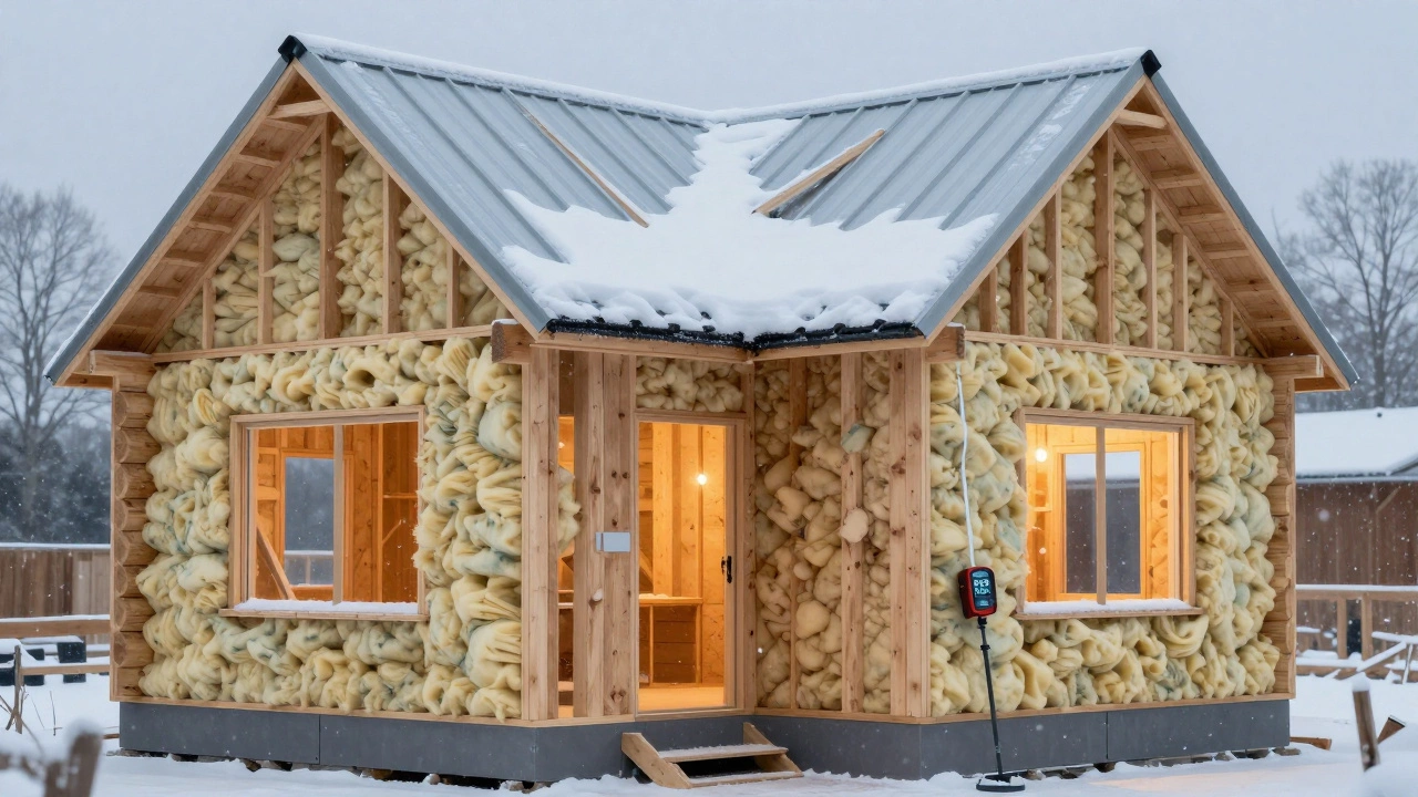 Стены дома с утеплением и монтируемой кровлей под снегом, видно тепло из оконных проёмов