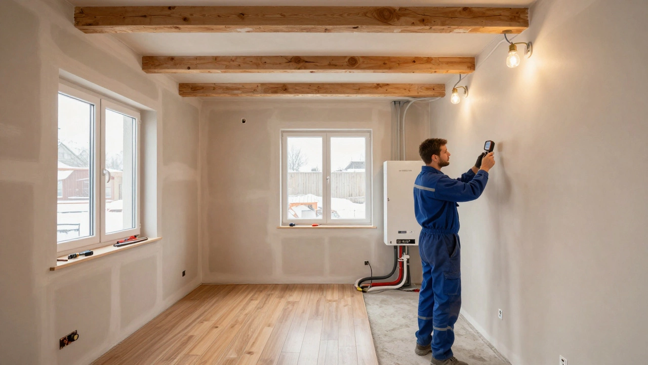 Сухие стены и готовящиеся к монтажу инженерные системы в доме на этапе отделки