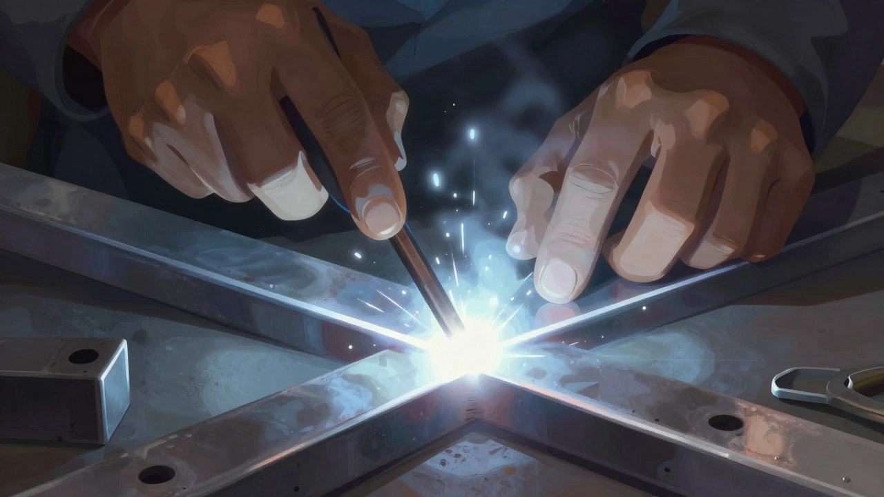 Сварщик выполняет тавровое соединение с идеально сформированным швом, охватывающим оба края.