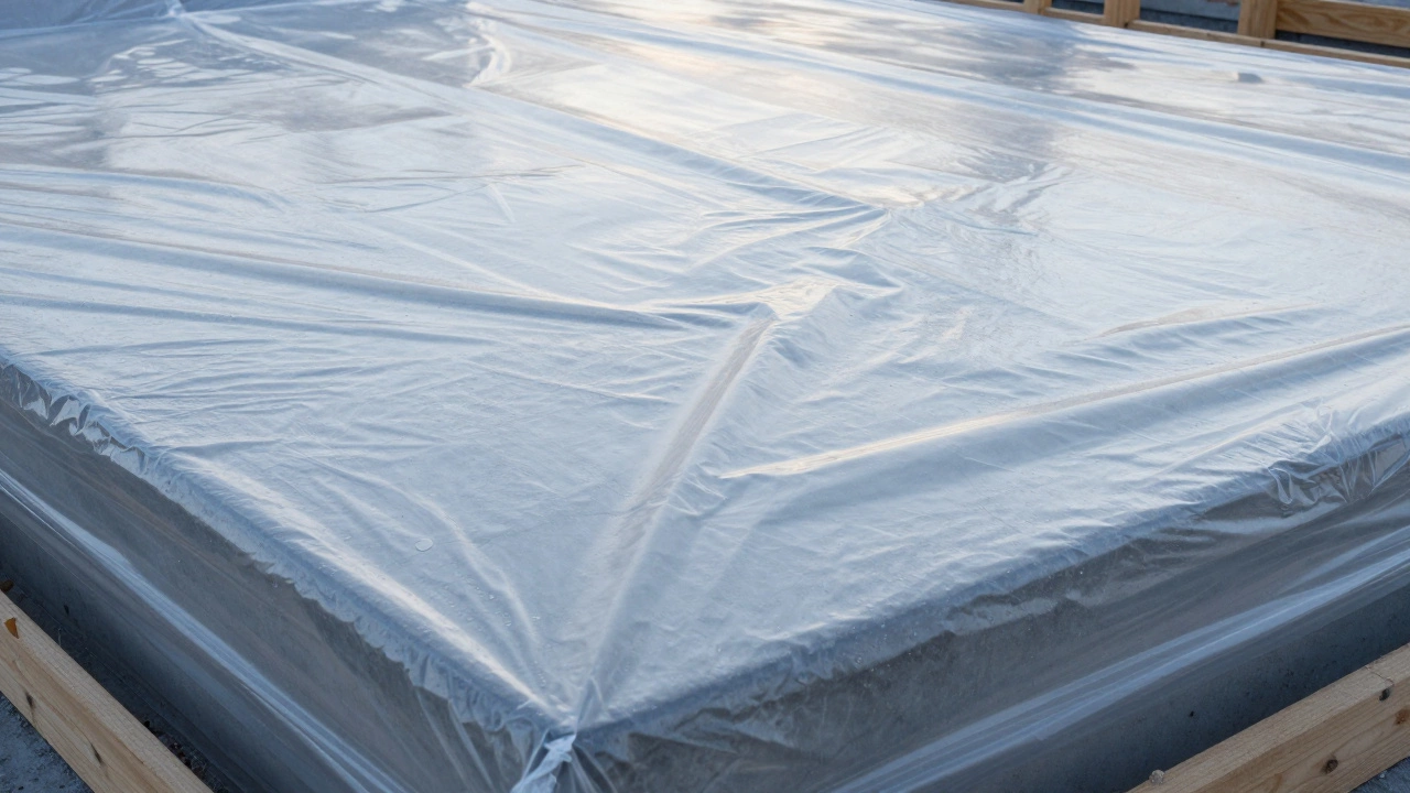 Свежезалитый фундамент покрытый защитной пленкой для застывания