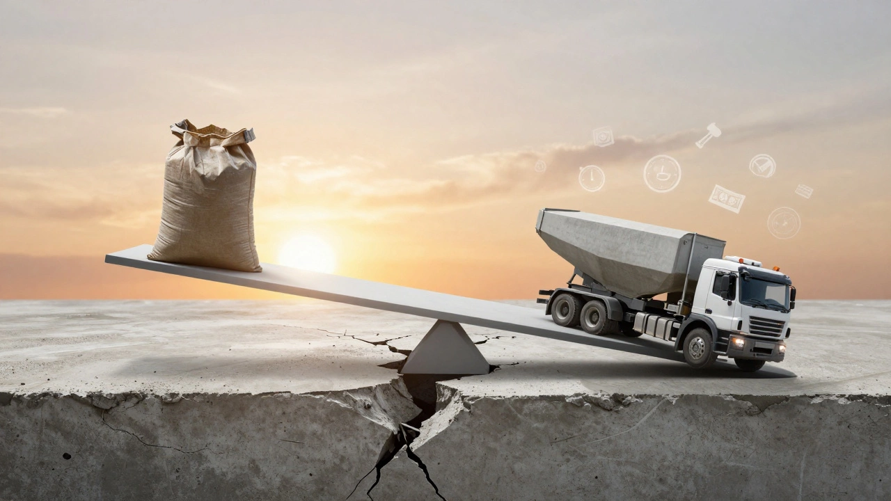 Треснувший фундамент с прозрачным наложением идеального, подчеркивающее риск экономии на бетоне.