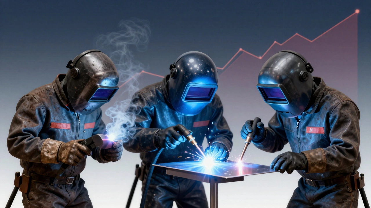 Три стиля сварки как символы: грубый, быстрый и точный — с визуальными различиями.