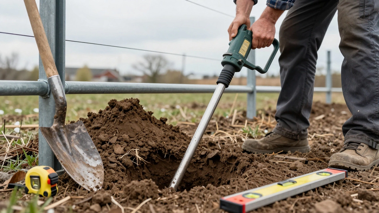 Установка опоры забора с помощью ручного бура в земле.