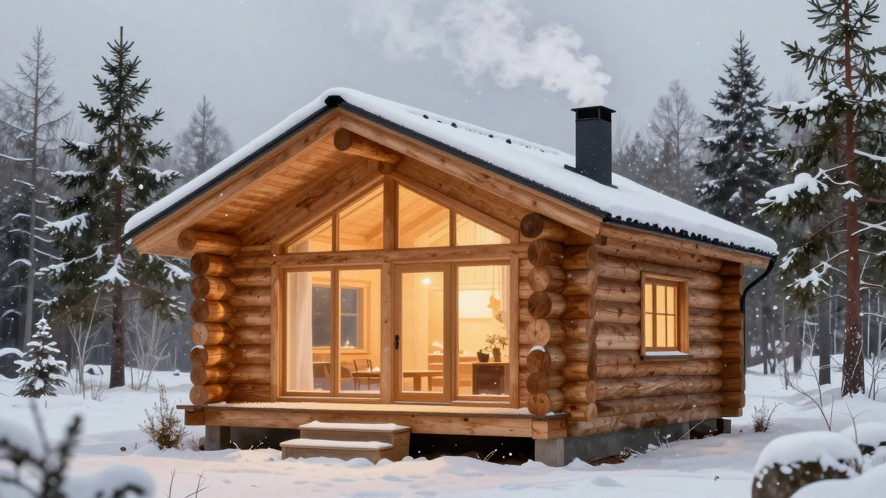 Уютный деревянный дом зимой с дымом из трубы и теплым светом в окнах, окружённый снегом и соснами.