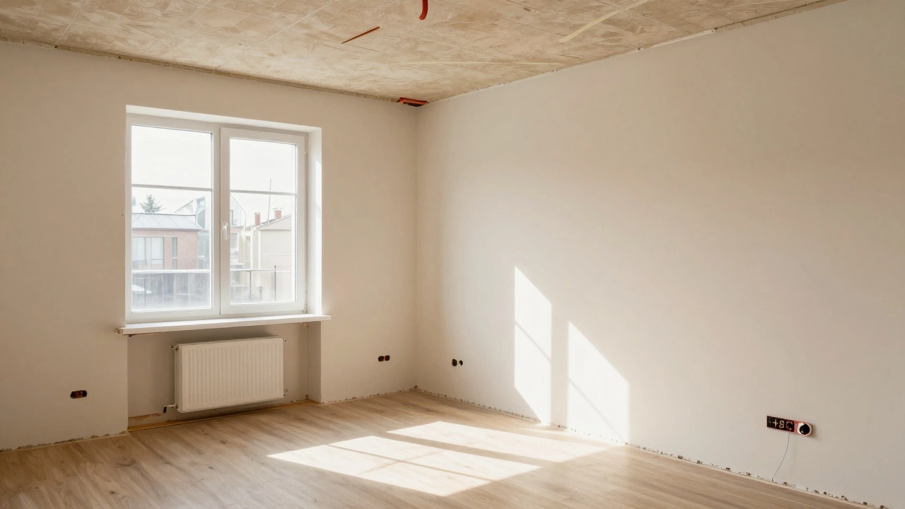 Уютный интерьер дома с установленными окнами, полами и видимыми коммуникациями, готовый к заселению.