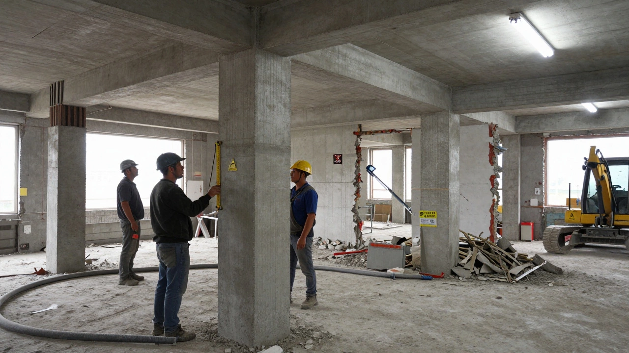 Внутренний вид дома на втором этапе реновации: обнажённые арматурные каркасы и заливка бетона.