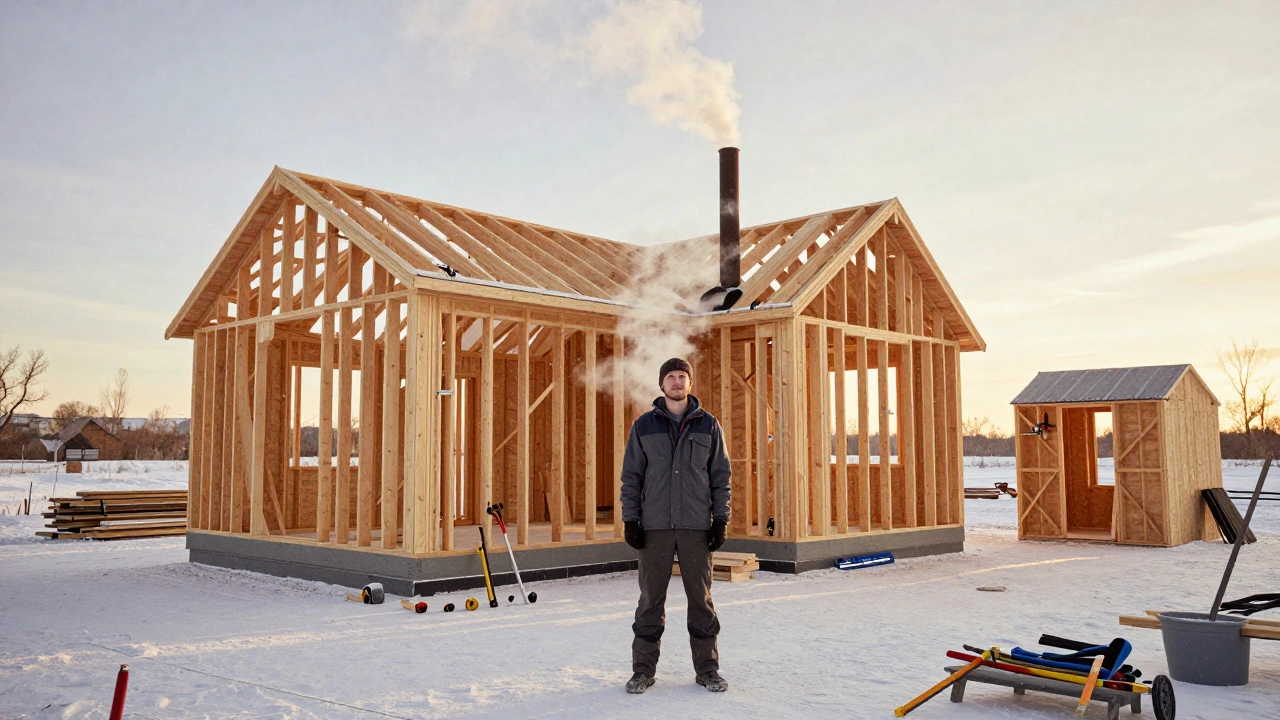 Завершённый каркасный дом зимой, дым из трубы, рядом стоит маленький сарай — символ начала строительства.
