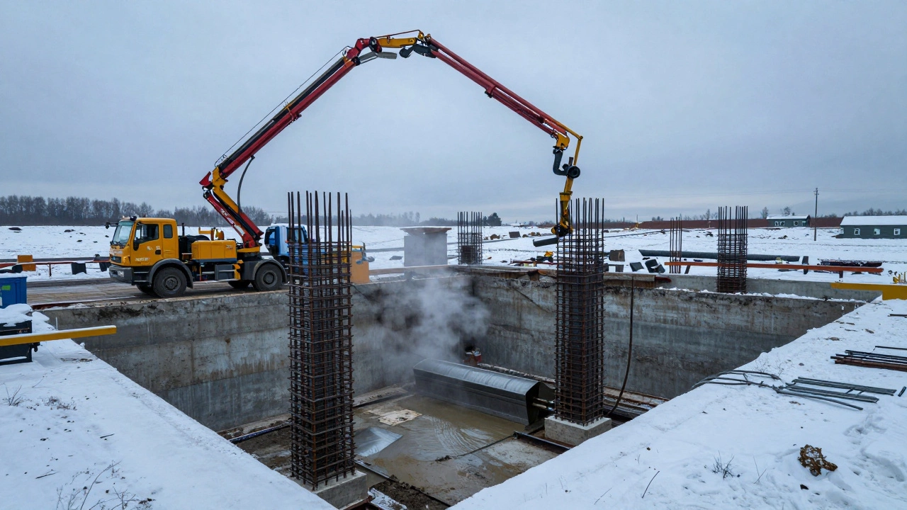 Зимняя заливка бетона в фундамент с снегом вокруг