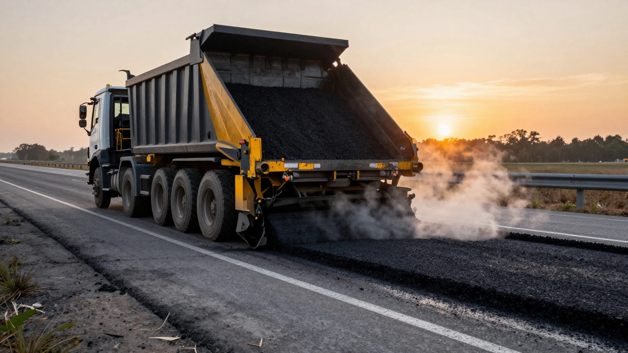 Асфальтоукладчик распределяет горячую смесь на шоссе при поддержке самосвала