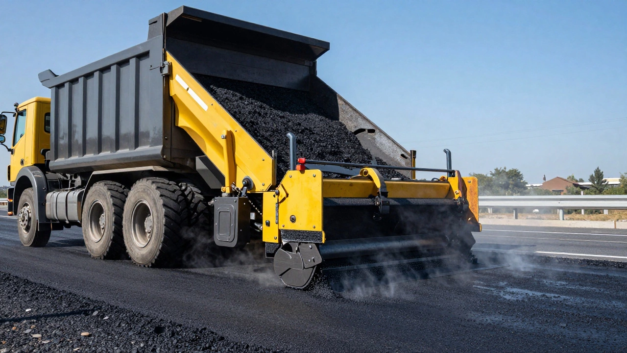 Асфальтоукладчик распределяет горячую смесь по дорожному полотну