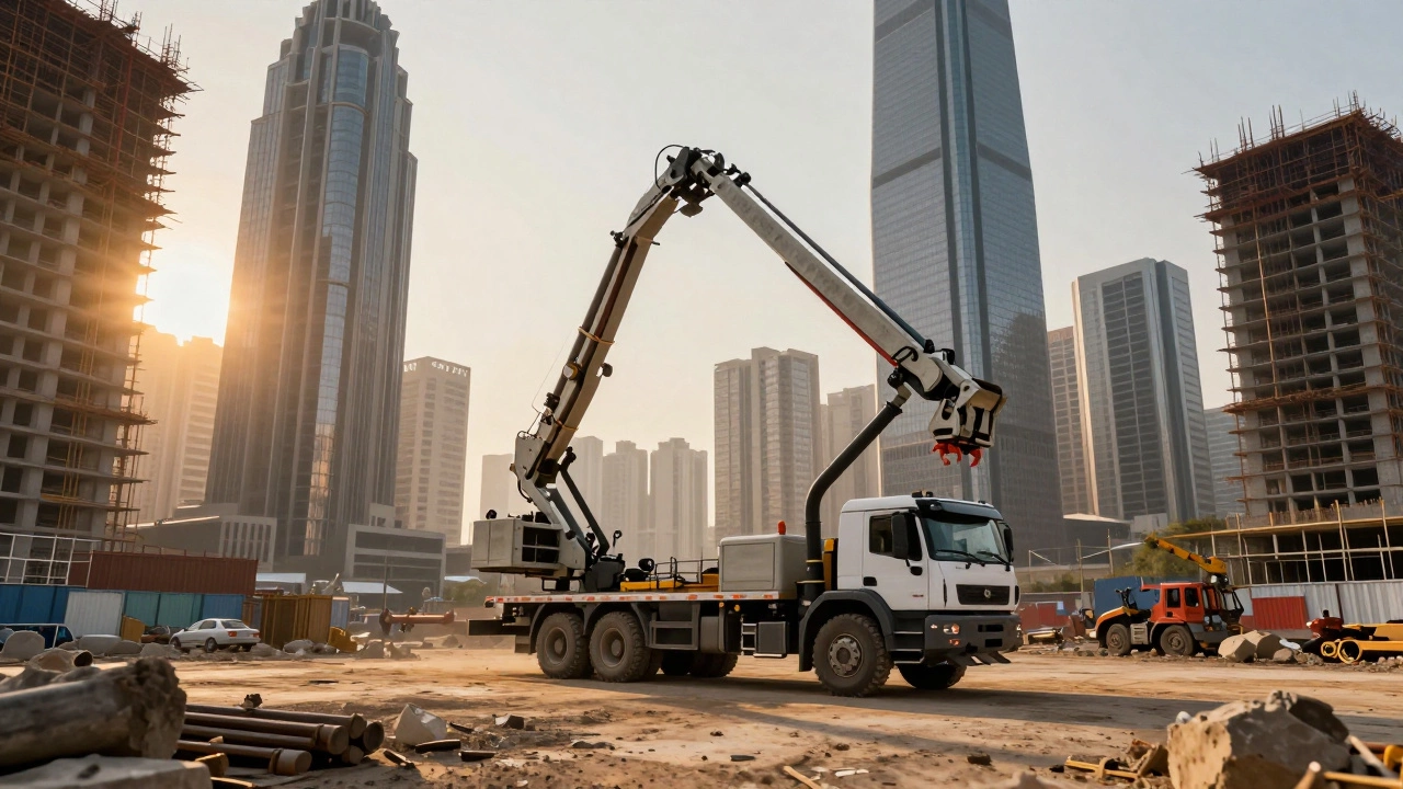 Автобетононасос на фоне строящихся высотных зданий в городе