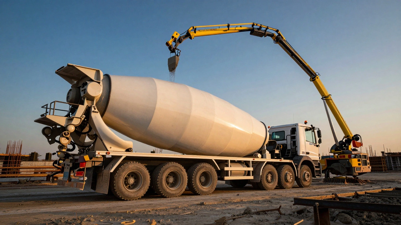 Автобетоносмеситель и бетононасос при заливке монолитного фундамента