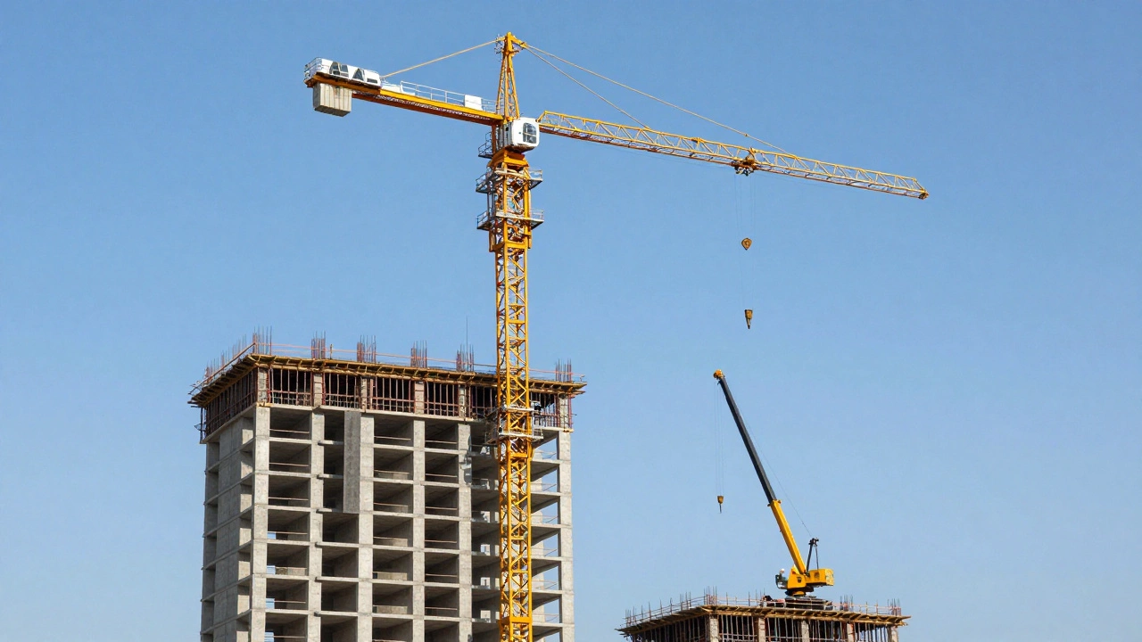 Башенный и автокран поднимают материалы на стройке многоэтажного дома