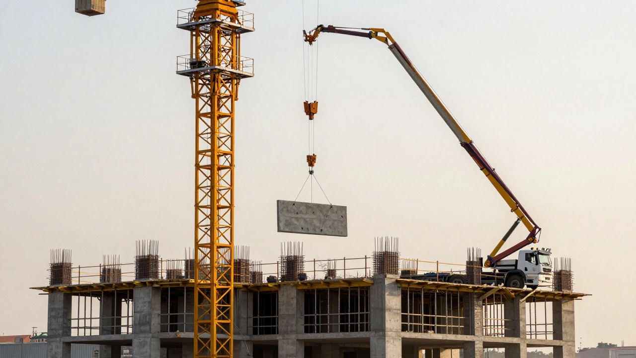 Башенный кран и бетононасос на строительстве многоэтажного здания