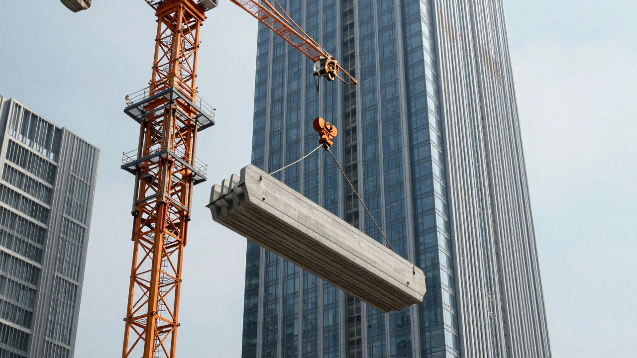 Башенный кран поднимает бетонную плиту на стройке высотного здания