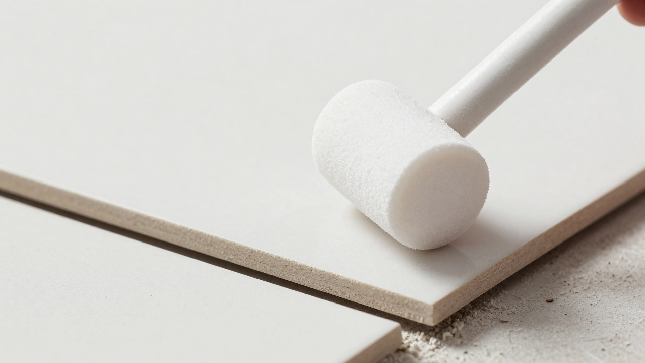 Белая полиуретановая киянка при укладке светлой керамической плитки