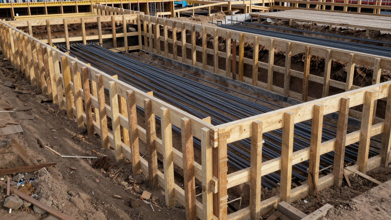 Деревянная опалубка и арматура ленточного фундамента в траншее