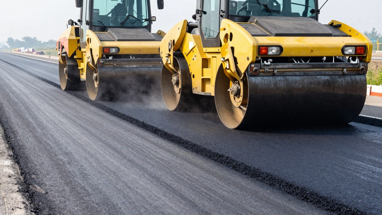 Дорожный каток и асфальтоукладчик создают новое дорожное покрытие