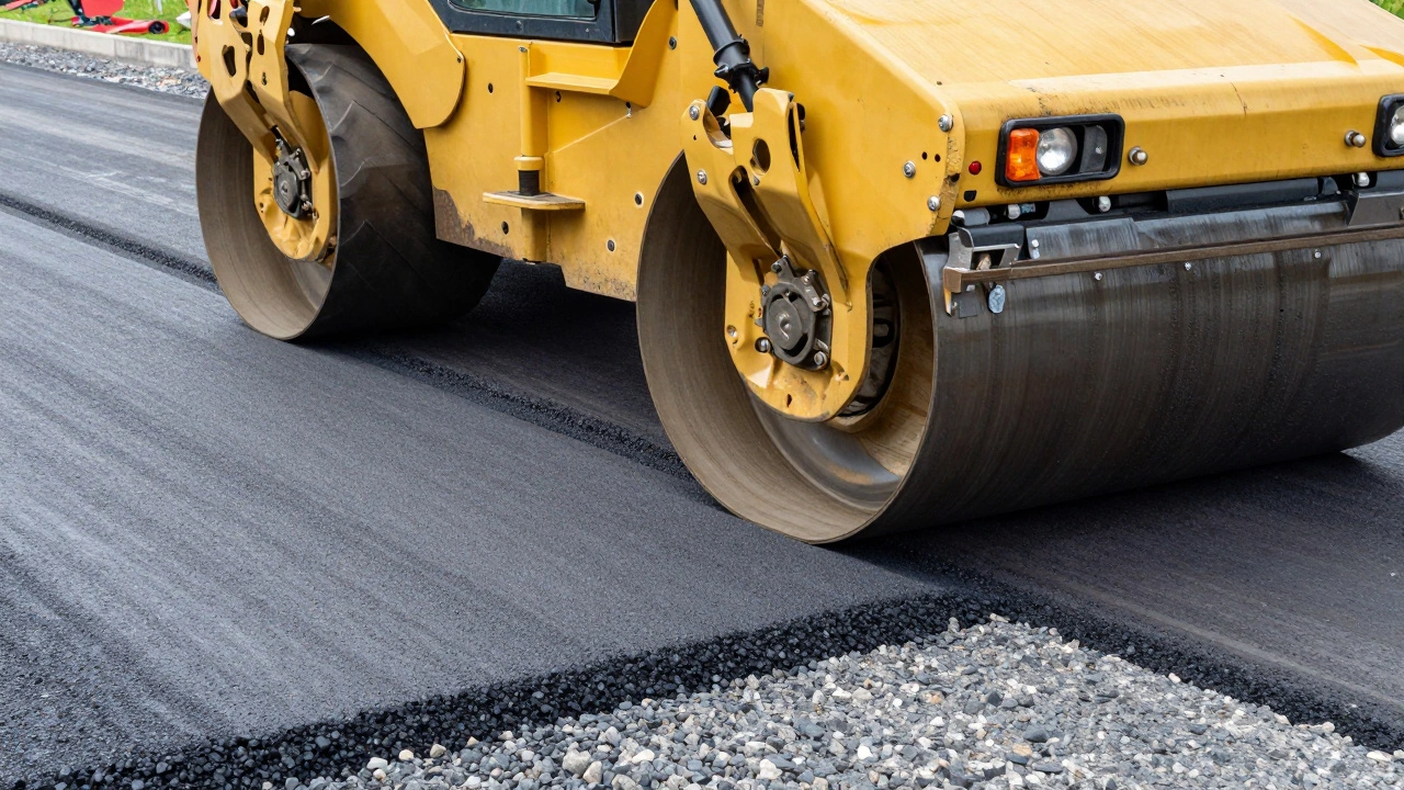 Дорожный каток и автогрейдер уплотняют и выравнивают дорожное покрытие