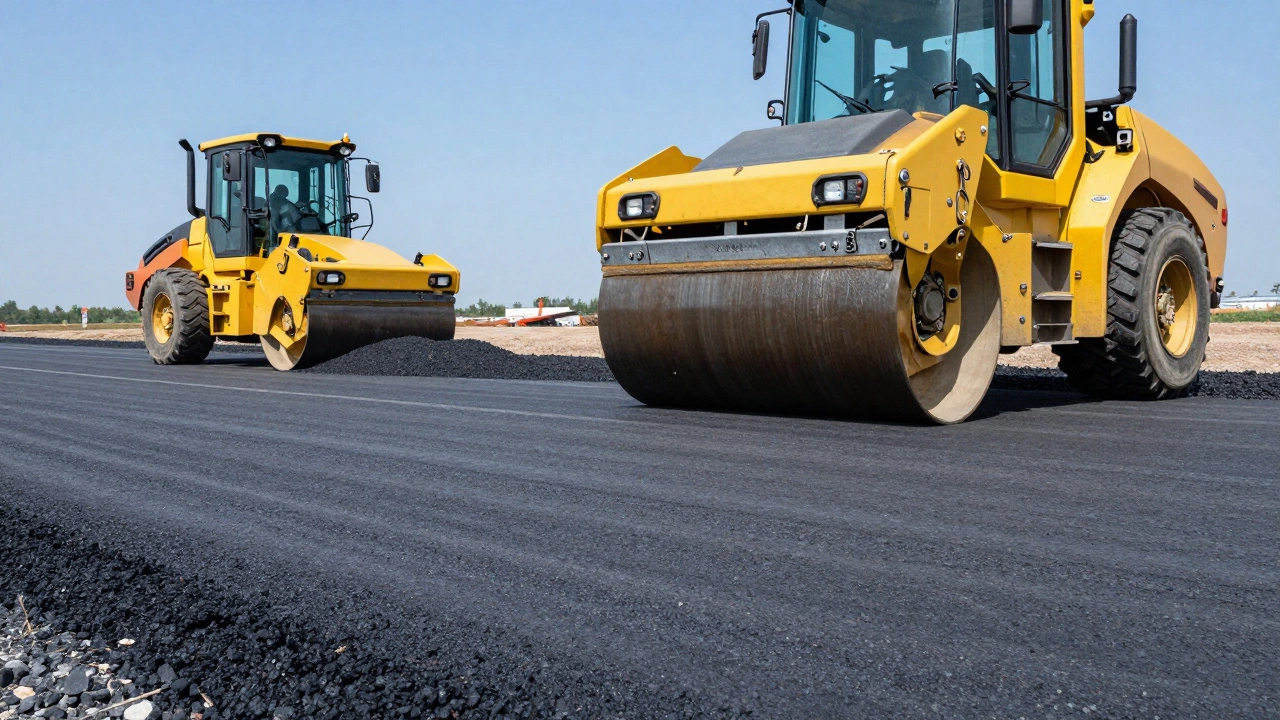 Дорожный каток и грейдер при строительстве асфальтированной дороги