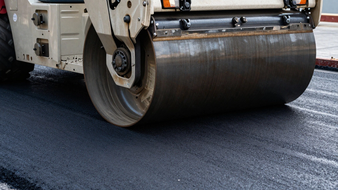 Дорожный каток уплотняет свежеуложенный слой черного асфальта