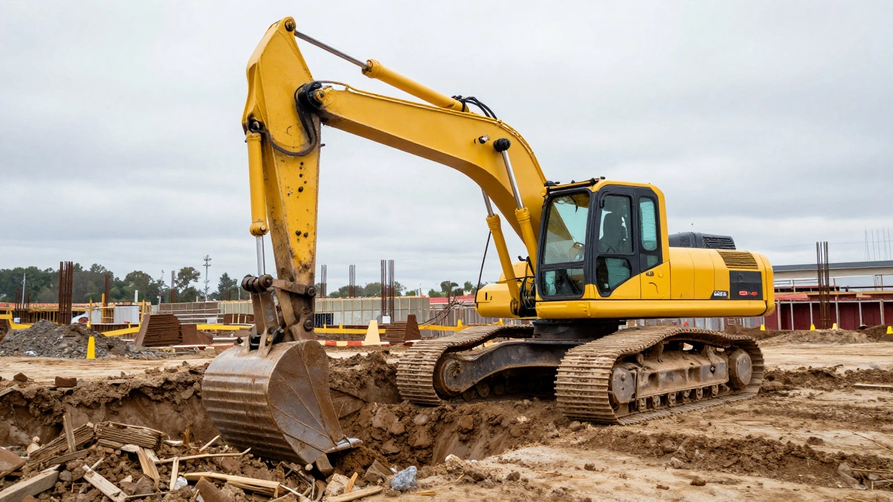 Экскаватор-погрузчик копает котлован на строительной площадке