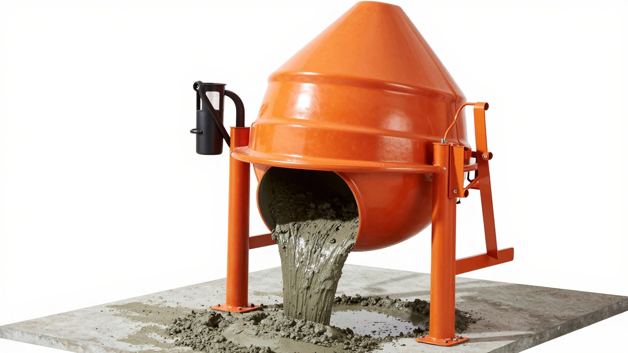 Электрическая бетономешалка с вращающимся оранжевым барабаном