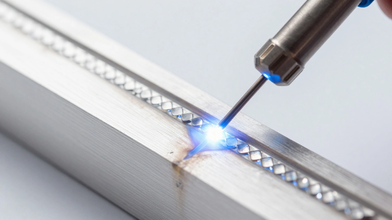 Крупный план идеального чешуйчатого шва при аргоновой сварке алюминия