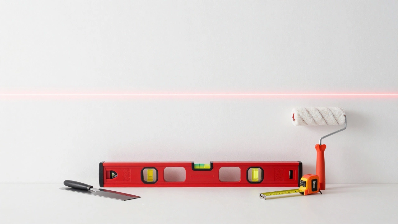 Лазерный уровень, шпатель и рулетка на фоне белой стены