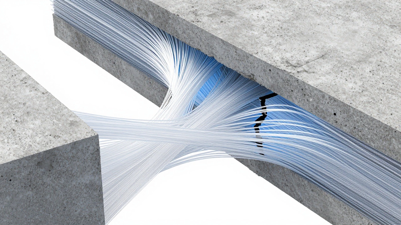 Микроскопическое изображение фиброволокна, скрепляющего структуру бетона внутри