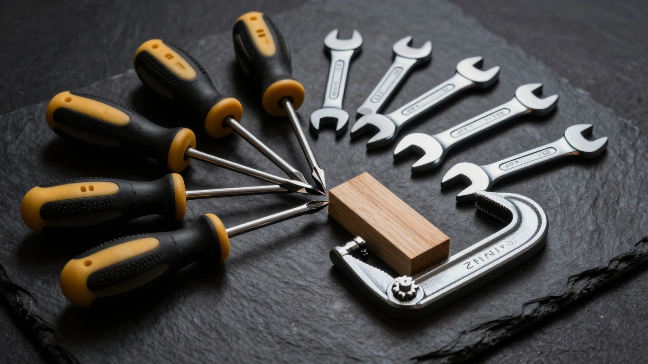 Набор отверток, гаечных ключей и струбцина на темном фоне