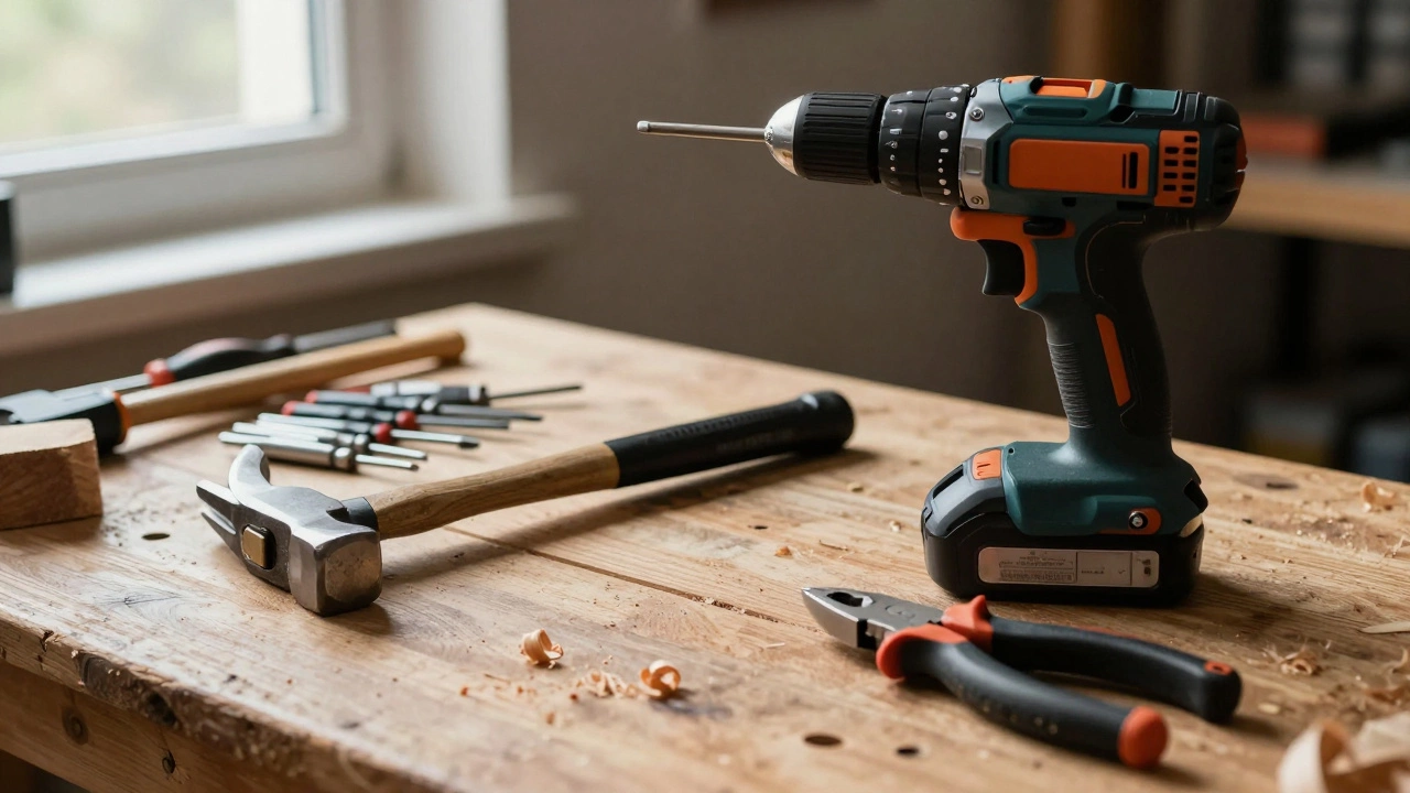 Набор ручного и электроинструмента на деревянном верстаке