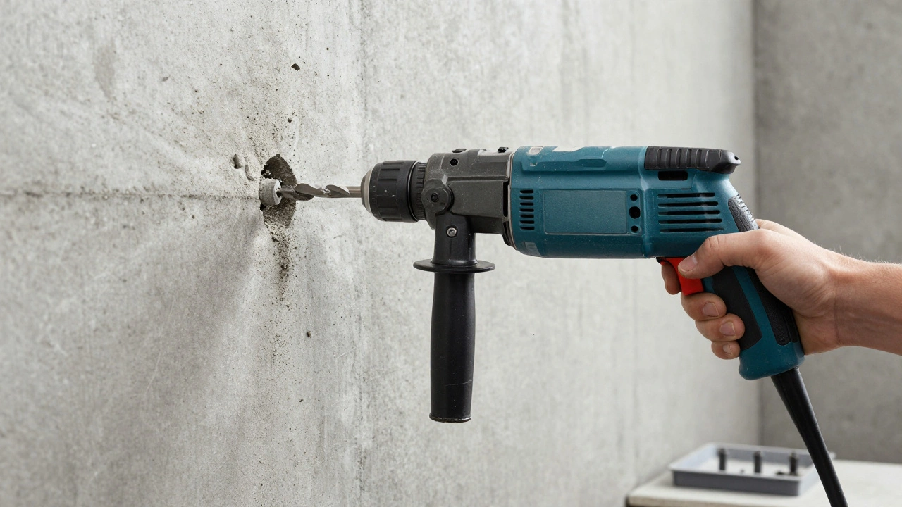Перфоратор в процессе сверления отверстия в бетонной стене