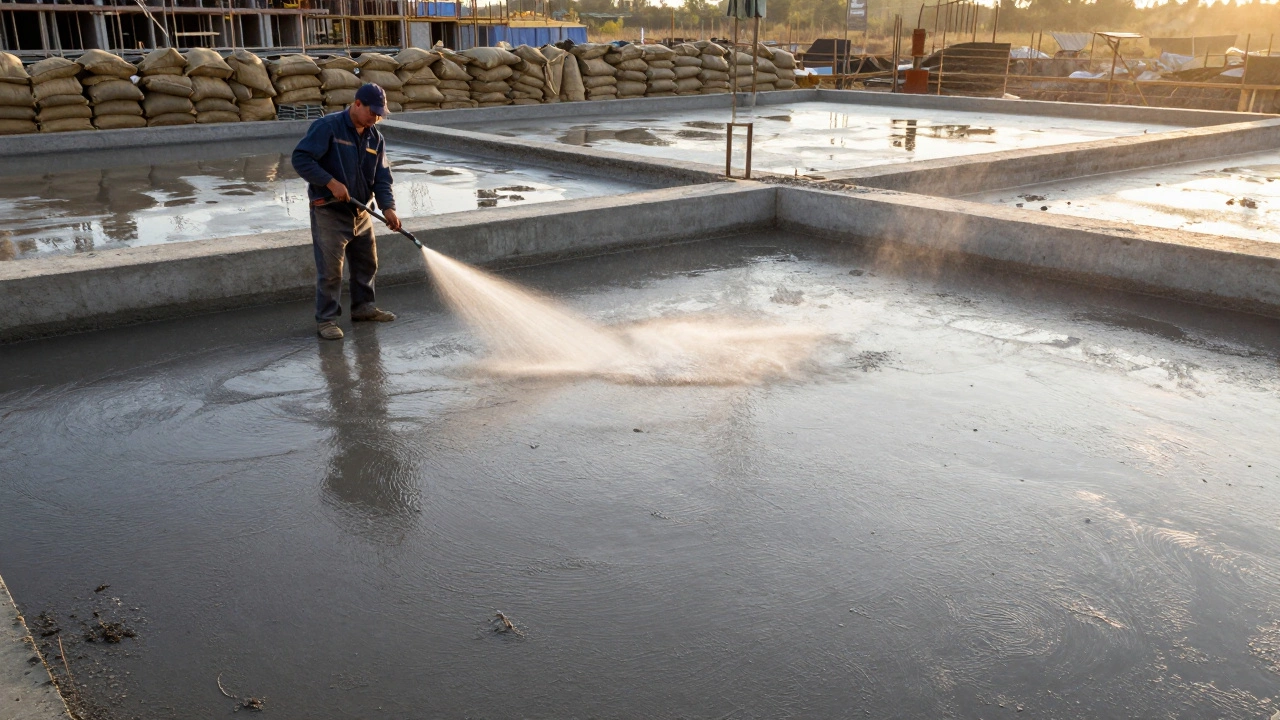 Полив свежезалитого бетонного фундамента водой для правильного твердения