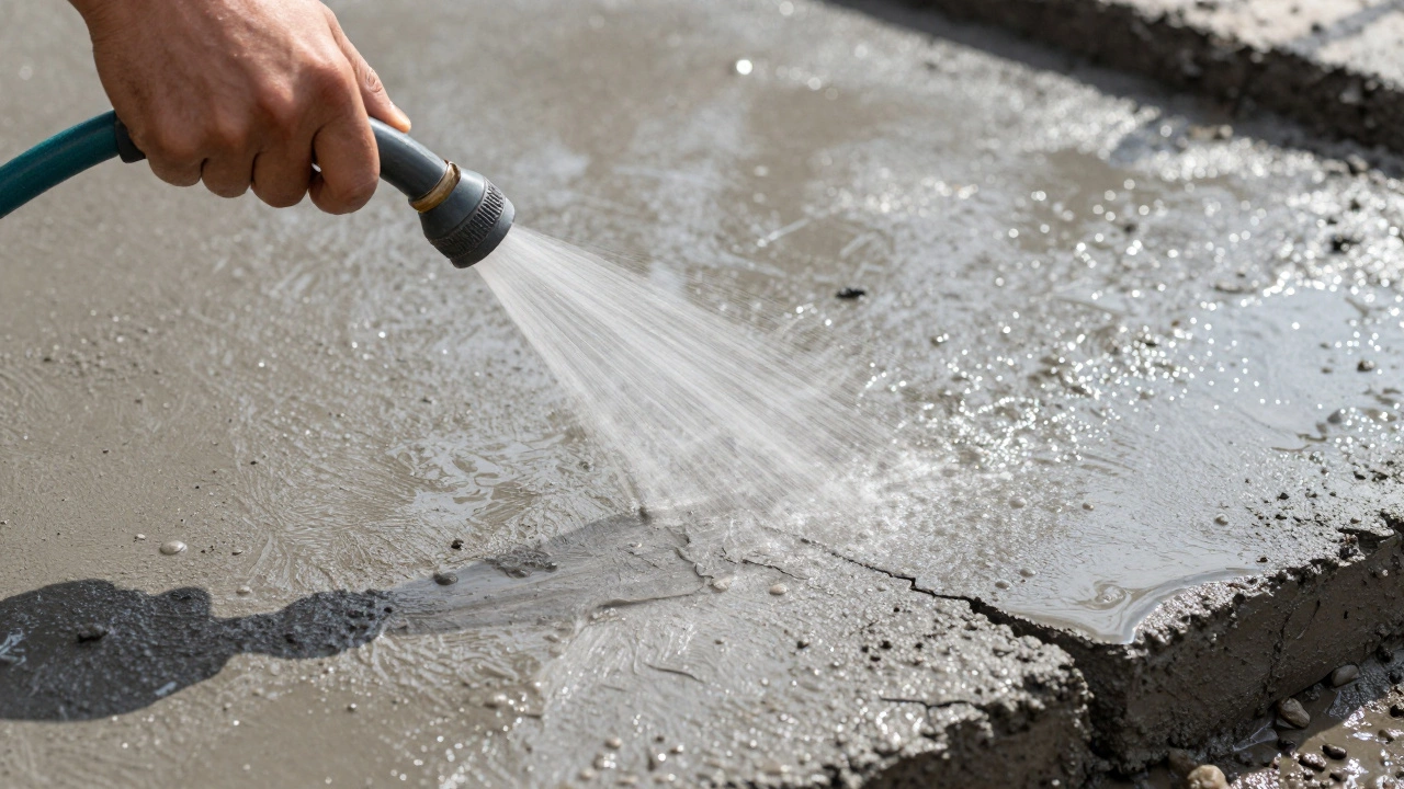 Полив свежезалитого бетонного основания водой для правильного застывания