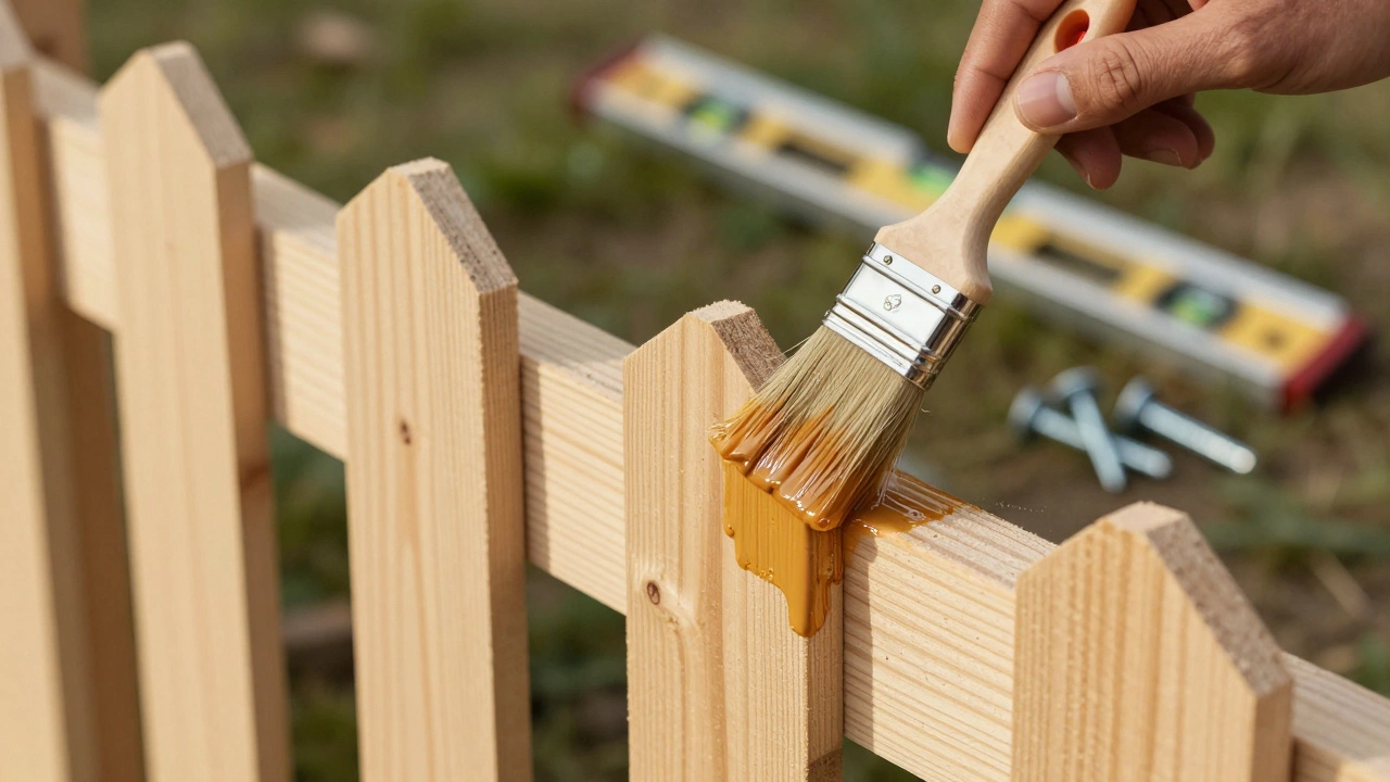 Процесс обработки деревянного штакетника антисептиком с помощью кисти