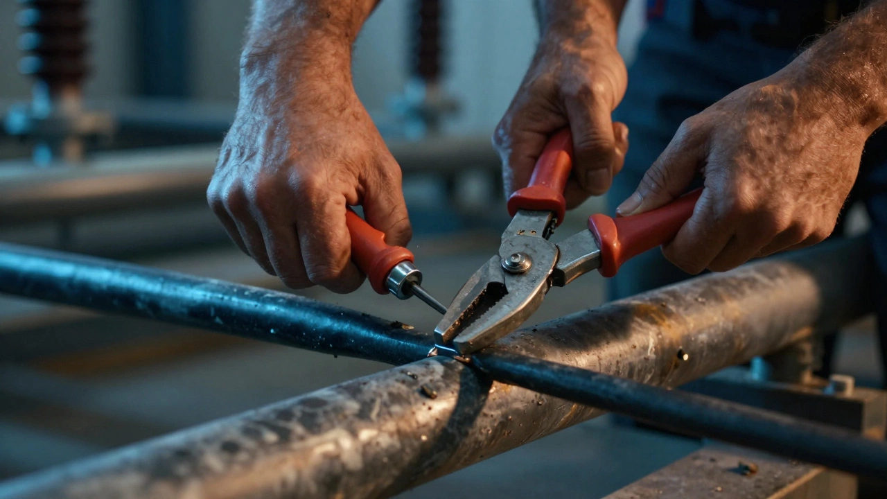 Процесс резки толстого силового кабеля храповым кабелерезом