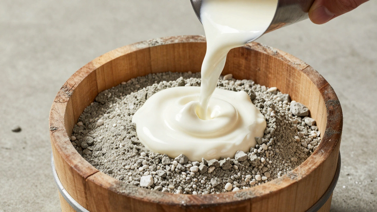 Процесс смешивания цемента, песка и щебня с водой в ведре