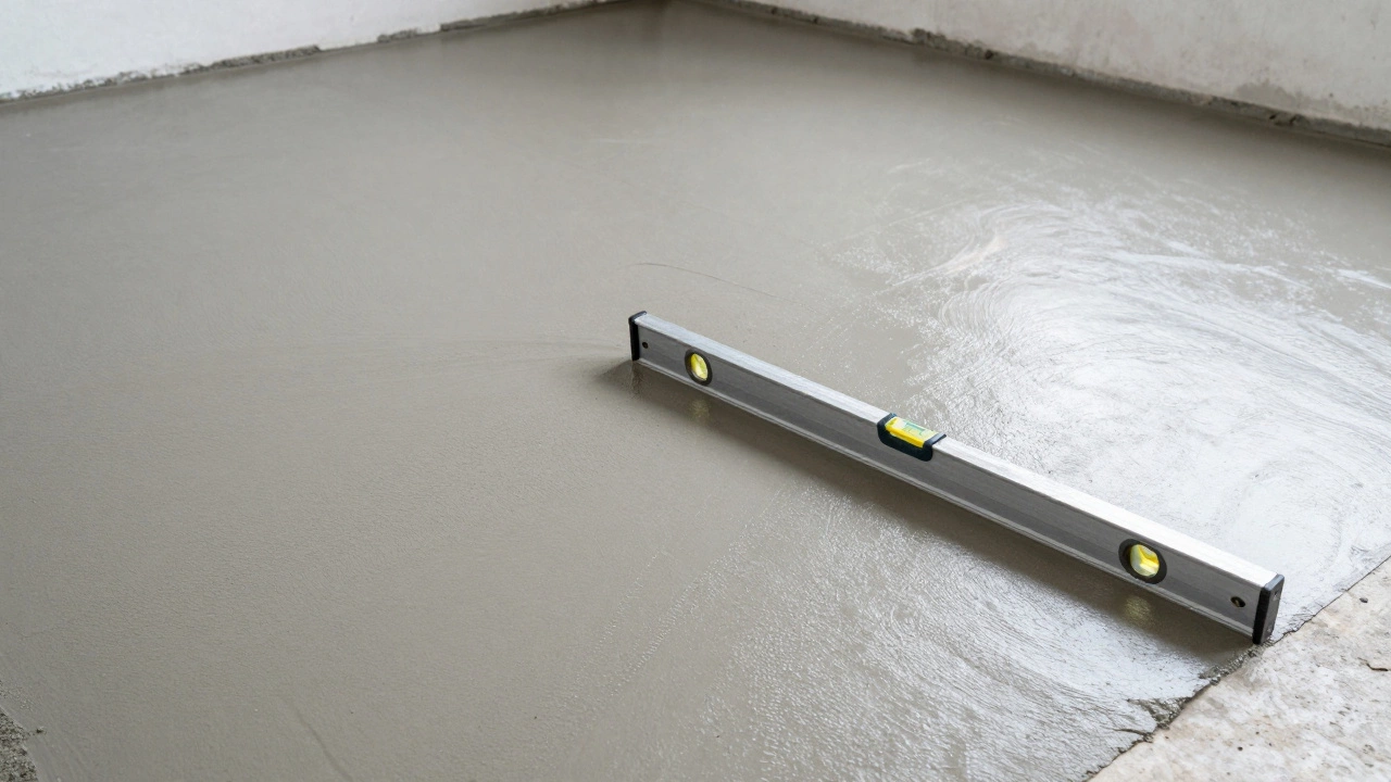 Процесс выравнивания пола тонким слоем пескобетона с помощью правила