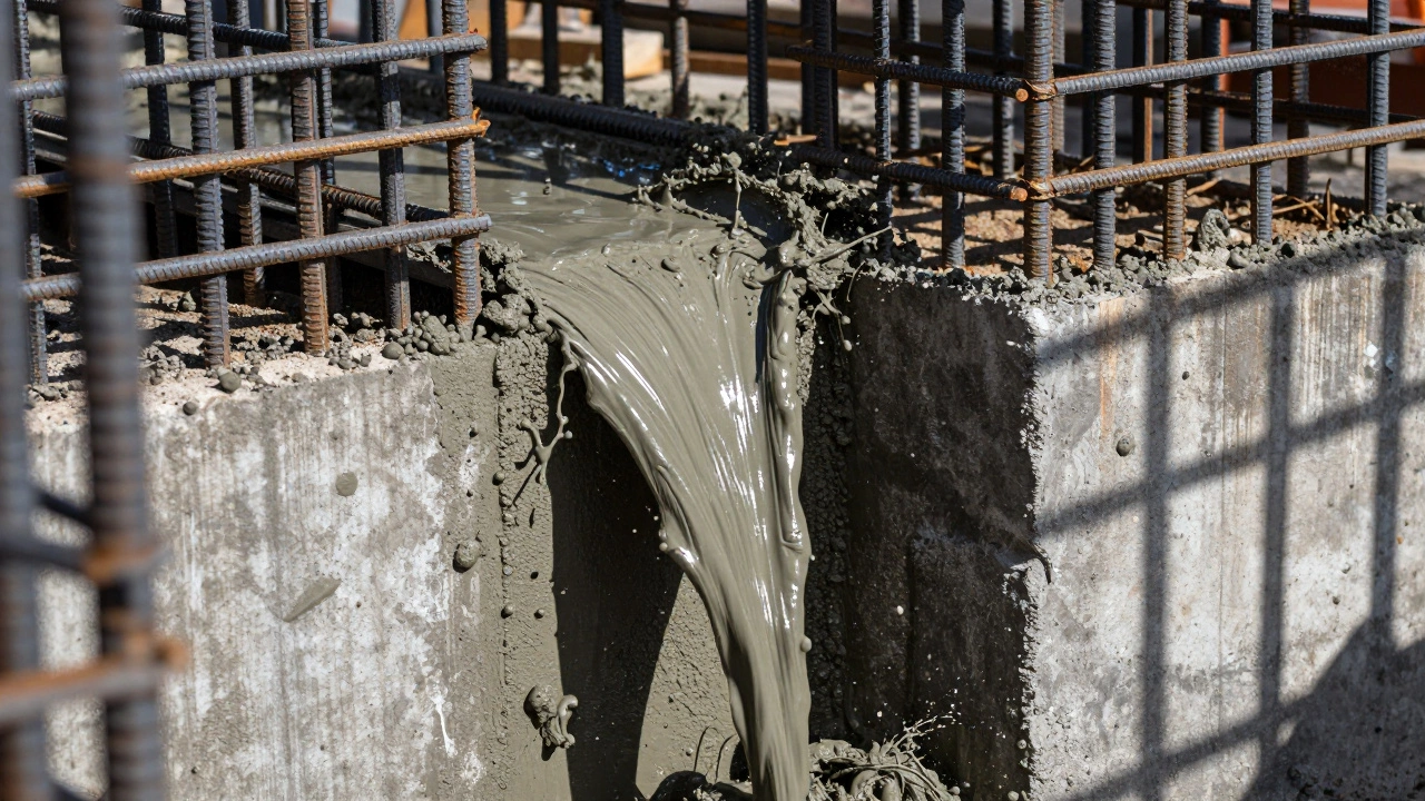 Процесс заливки бетона в опалубку с арматурным каркасом для укрепления основания