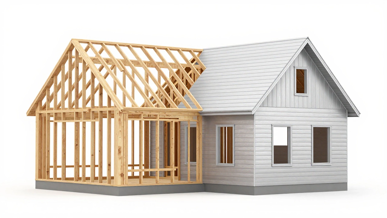 Схематичное изображение деревянного каркаса дома и его внешней отделки