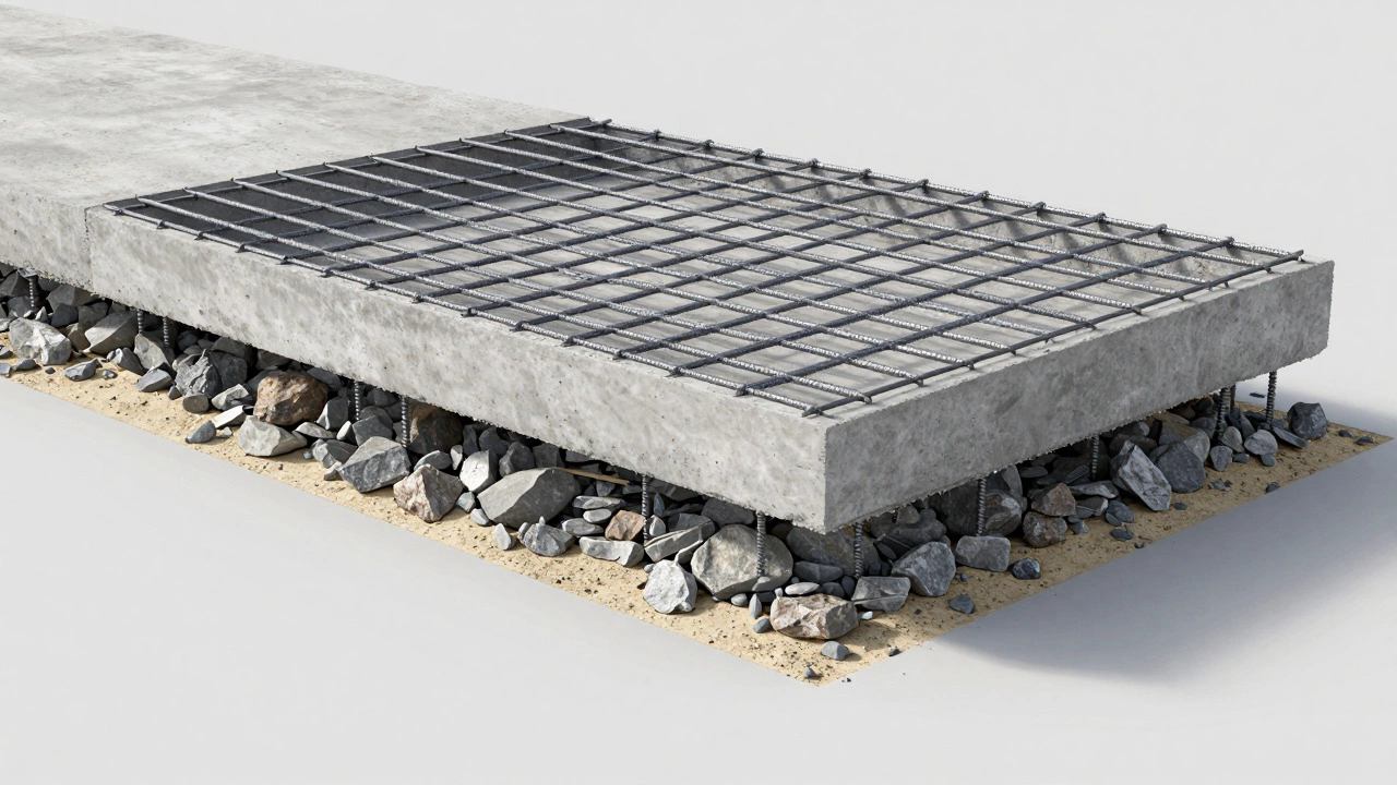 Схематичный разрез монолитной плиты с двойным армированием и песчано-гравийной подушкой