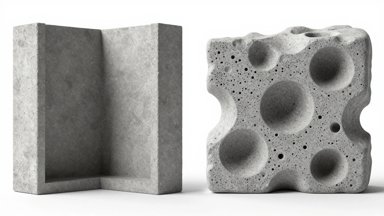 Сравнение плотной структуры бетона и пористой структуры с избытком воды