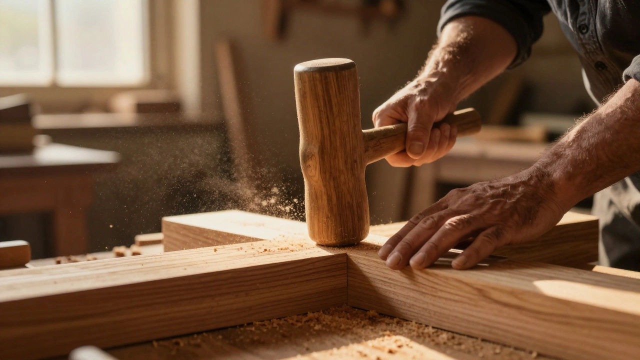 Столяр использует деревянную киянку для подгонки деталей из массива дерева